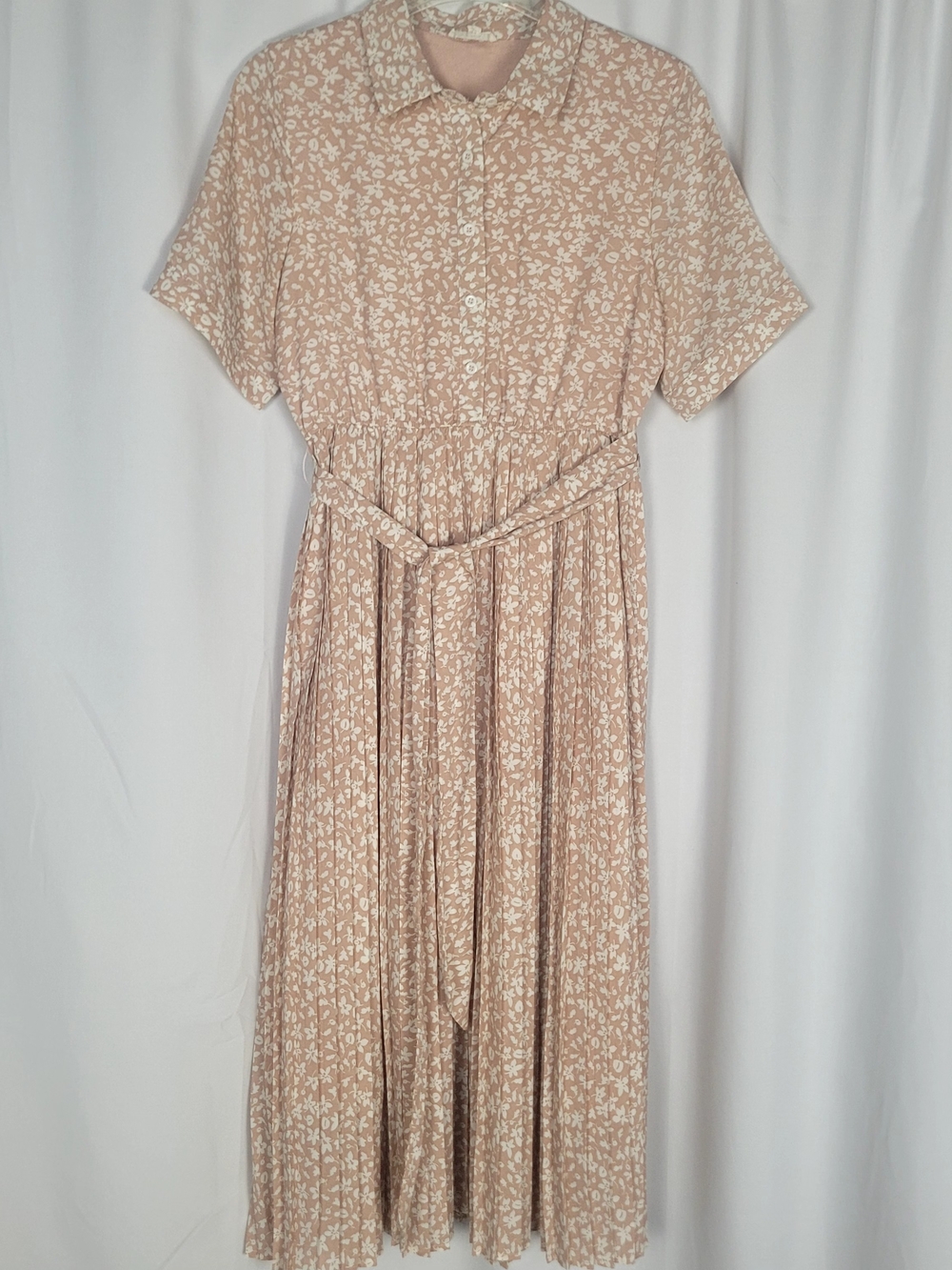 Bohme Pleated Midi Shirt Dress Womens Size Medium Blush Pink Ditsy Floral Print